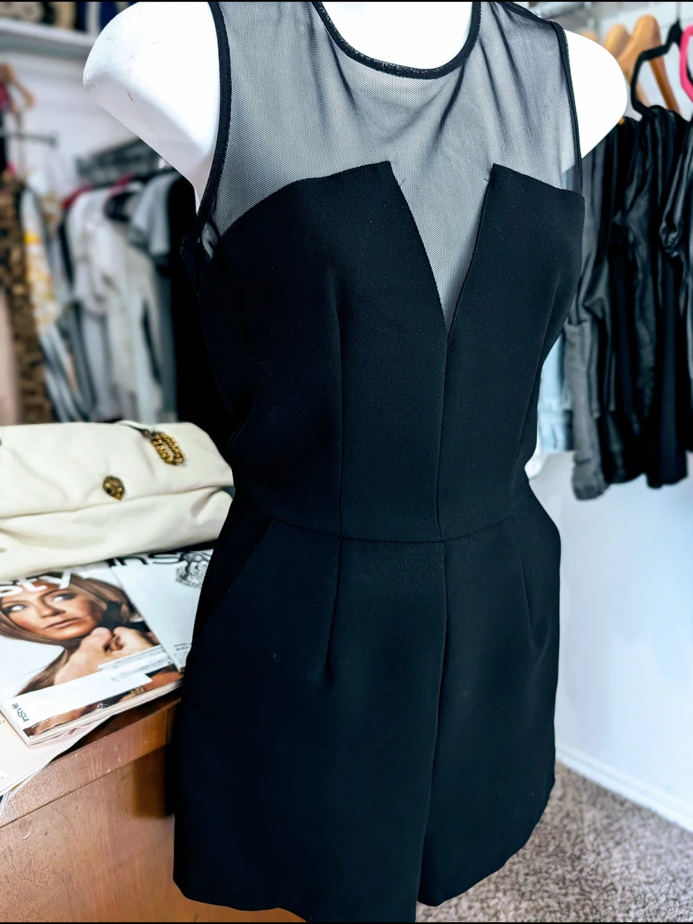BCBG Black Sheer-Yoke Romper